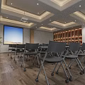 Modern Conference Room Interior With Projector Screen Chairs Wooden Floor Shelves Green Plant And Lights
