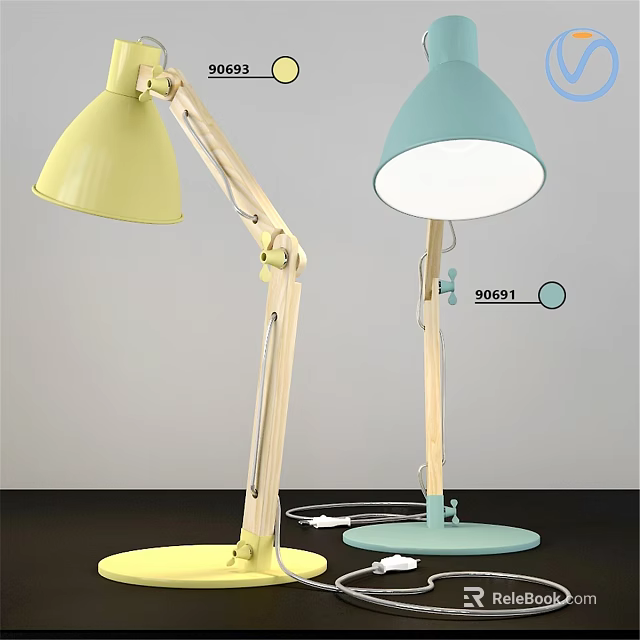 Modern Wooden Table Lamps With Yellow And Light Blue Bases And White Illuminated Shades 3d model 