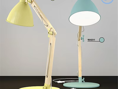 Modern Wooden Table Lamps With Yellow And Light Blue Bases And White Illuminated Shades 3d model