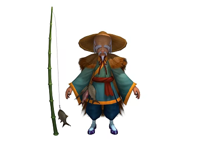 Old Man Wearing Straw Hat And Traditional Clothing With Fishing Rod And Fish 3d model