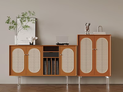 Wooden Cabinet With Rattan Doors Books And Decorative Items On Top 3d model