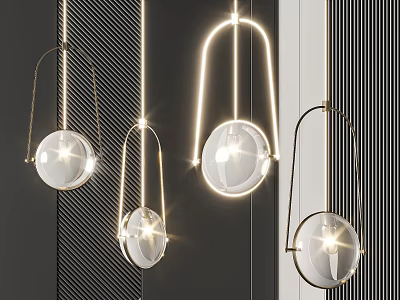 Modern Hanging Chandeliers with Glass Globe Shades and Metal Arc Frames Illuminated Design 3d model