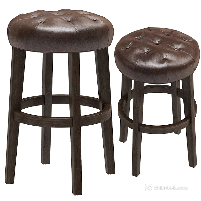 Comfortable Leather Bar Stools With Wooden Legs And Tufted Seat Design 3d model 