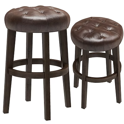 Comfortable Leather Bar Stools With Wooden Legs And Tufted Seat Design 3d model