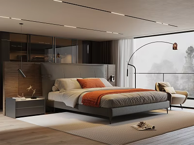 Modern Bedroom Double Bed with Gray Headboard Orange Cushions Floor Lamp Large Window View Rug 3d model