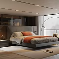 Modern Bedroom Double Bed with Gray Headboard Orange Cushions Floor Lamp Large Window View Rug