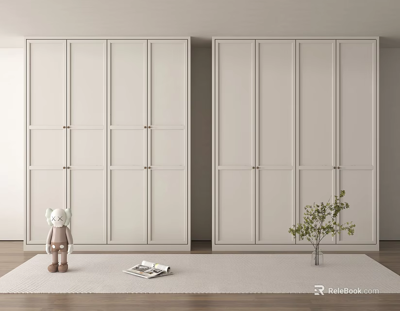Modern White Wardrobe In Bedroom Interior With Small Doll Magazine And Plant 3d model 