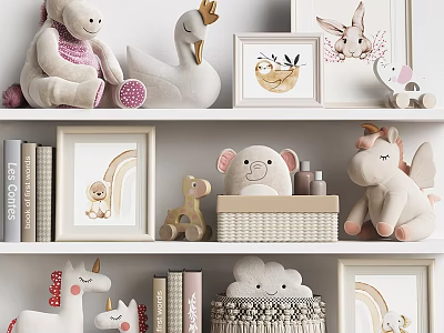 Cute Plush Toys Collection Including Unicorn Elephant Swan On Decorative Shelves With Framed Art 3d model