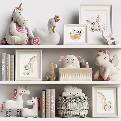 Cute Plush Toys Collection Including Unicorn Elephant Swan On Decorative Shelves With Framed Art 3d model