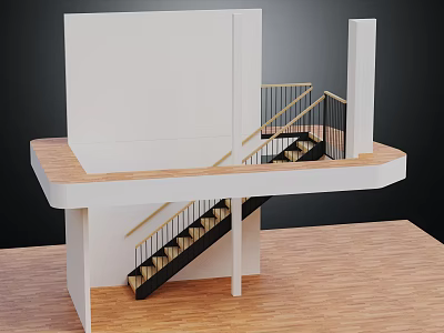 Modern Staircase With Wooden Steps And Metal Railing Connecting Upper And Lower Platforms 3d model