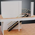 Modern Staircase With Wooden Steps And Metal Railing Connecting Upper And Lower Platforms