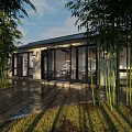 Traditional Chinese Courtyard Architecture With Bamboo Glass Doors And Stone Pavement