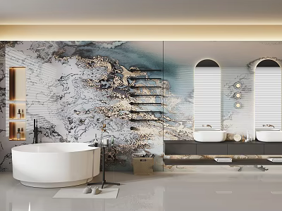 Modern Bathroom Interior Design With White Bathtub Double Sinks Arched Mirrors And Mural Wall 3d model