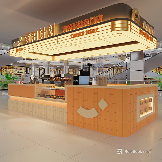 Bright Orange White Dessert Shop Counter With Displayed Pastries And Neon Mall Sign 3d model 