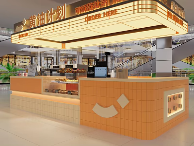 Bright Orange White Dessert Shop Counter With Displayed Pastries And Neon Mall Sign 3d model