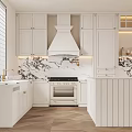 Modern Restaurant Kitchen Interior With White Cabinets Marble Backsplash Island Chandelier And Dining Table Chairs