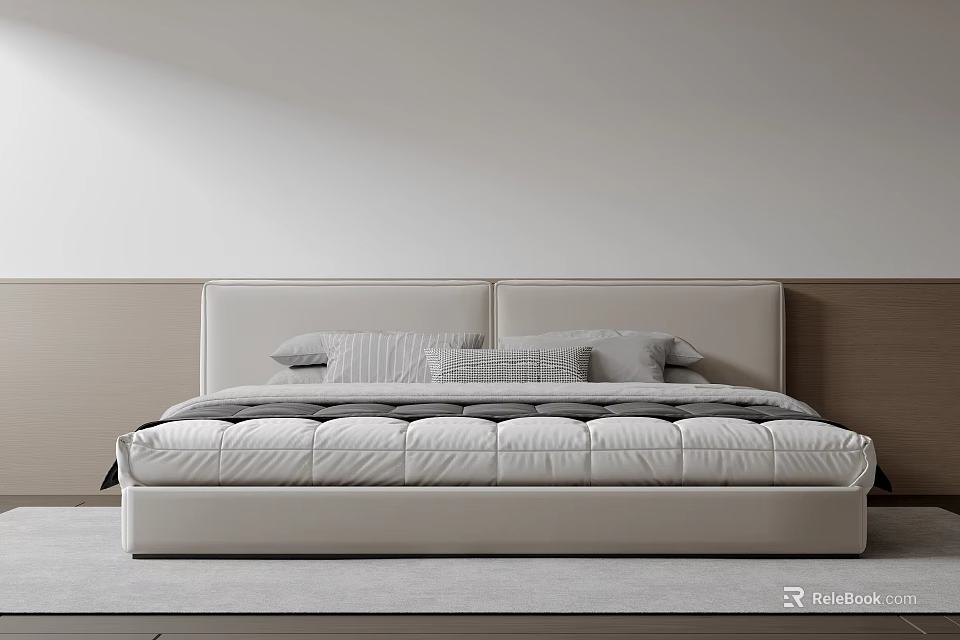 Double Bed Upholstered Headboard With Gray Pillows Striped Quilt And Minimalist White Wood Wall Background 3d model 