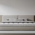 Double Bed Upholstered Headboard With Gray Pillows Striped Quilt And Minimalist White Wood Wall Background