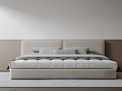 Double Bed Upholstered Headboard With Gray Pillows Striped Quilt And Minimalist White Wood Wall Background 3d model