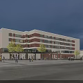 Modern School Building Exterior With Red Brick White Facade Night View Moonlight Plaza And People