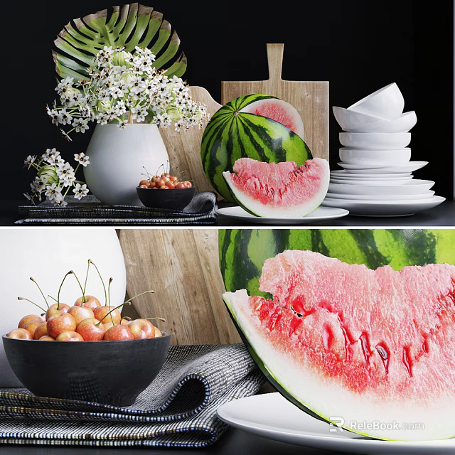 Fresh Ripe Watermelon Slices And Juicy Cherries On Kitchen Table With Plates 3d model 