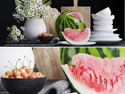 Fresh Ripe Watermelon Slices And Juicy Cherries On Kitchen Table With Plates 3d model