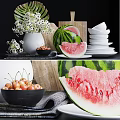 Fresh Ripe Watermelon Slices And Juicy Cherries On Kitchen Table With Plates