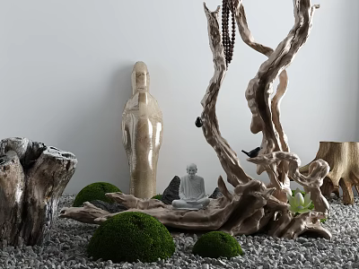 Natural Garden Ornaments With Driftwood Moss Buddha Statue Bird Figurine And Pebbles 3d model