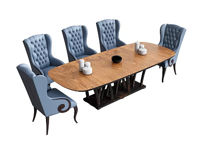 Elegant Oval Wooden Dining Table With Blue Tufted Chairs White Candle Holders And Black Bowl 3d model
