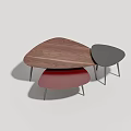 Modern Triangular Wooden Coffee Table With Black And Red Metal Leg Stools 3d model