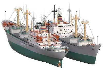 Two Large Cargo Ships With Green Hulls And White Superstructures Masts And Equipment 3d model