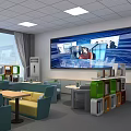 Modern Reading Lounge Interior With Green Blue Sofas Round Tables And Bookshelves