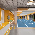 Indoor Basketball Court With Blue Floor White Lines Green Balls Yellow Walls And Mesh Ceiling