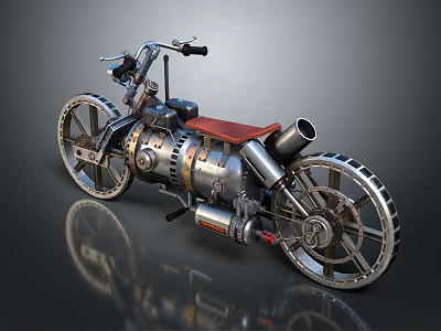 Vintage Motorcycle With Metallic Body Red Seat Large Wheels And Mechanical Details 3d model