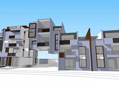 Modern Multi Story Building With Geometric Shapes Balconies And Blue Sky 3d model