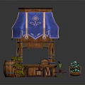 Cartoon Scene Wooden Kiosk With Blue Striped Awning Floral Pattern Wooden Barrels And Small Plants