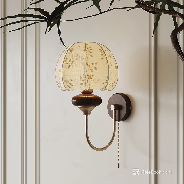 Elegant Wall Lamp With Floral Fabric Shade Wooden Base And Metal Arm On White Panel Wall 3d model 