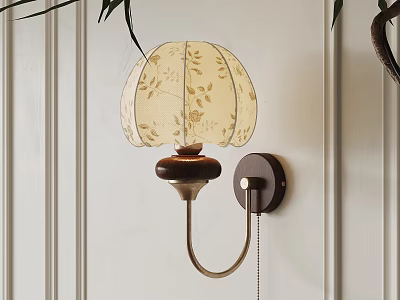 Elegant Wall Lamp With Floral Fabric Shade Wooden Base And Metal Arm On White Panel Wall 3d model