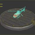 Green and White Helicopter Parked on Circular Gray Landing Platform Structure 3d model