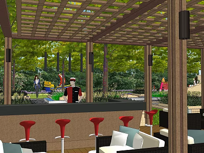 Relaxing Garden Landscape With Wooden Pergola Outdoor Seating Red Bar Stools And Green Plants 3d model