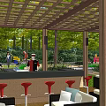 Relaxing Garden Landscape With Wooden Pergola Outdoor Seating Red Bar Stools And Green Plants