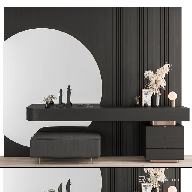 Modern Black Dressing Table With Round Mirror Stool And Decorative Elements 3d model