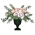 Green Classic Vase With Pink Beige Roses And Fresh Green Leaves