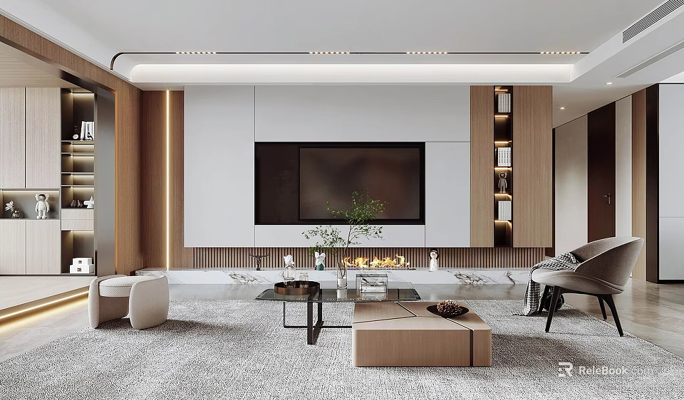 Modern Living Room Interior With Large TV Fireplace Wooden Decor And Coffee Table 3d model 