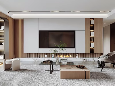 Modern Living Room Interior With Large TV Fireplace Wooden Decor And Coffee Table 3d model
