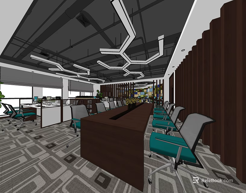 Modern Public Workspace Featuring Teal Chairs Geometric Ceiling Lights Wooden Panels And Carpeted Floor 3d model 