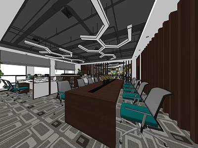 Modern Public Workspace Featuring Teal Chairs Geometric Ceiling Lights Wooden Panels And Carpeted Floor 3d model