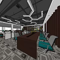 Modern Public Workspace Featuring Teal Chairs Geometric Ceiling Lights Wooden Panels And Carpeted Floor