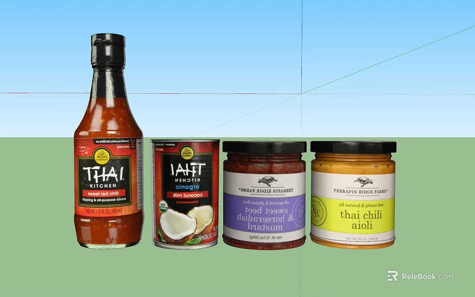 Assorted Thai Condiment Bottles and Jars Including Coconut Milk Red Curry Paste and Chili Sauce 3d model 