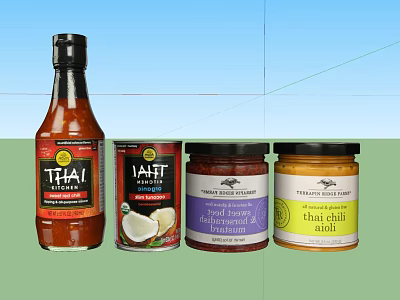 Assorted Thai Condiment Bottles and Jars Including Coconut Milk Red Curry Paste and Chili Sauce 3d model